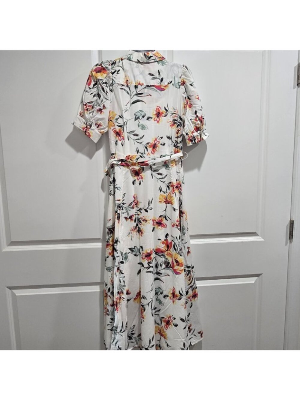 Calvin Klein - 2 Floral Midi Shirt Dress Cotton Belted Puff Sleeve Chest Pockets - Picture 5 of 11